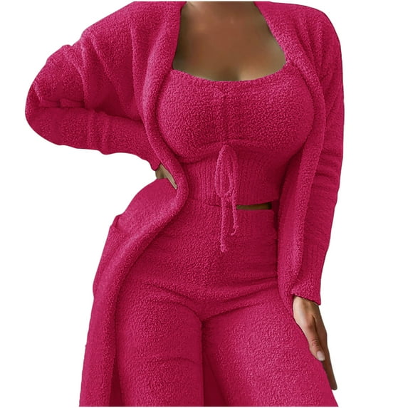 Elainilye Fashion Womens PJs Sets Casual Solid Vests and Long Sleeve Overcoat Tops and Long Pants Suits Pajamas 3-piece Set,Pink