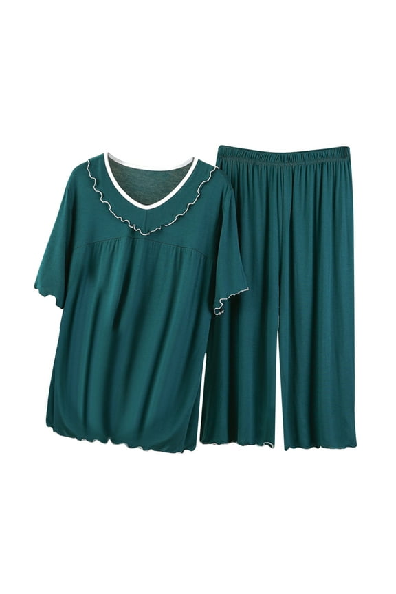 Fashion Womens PJs Sets Short Sleeved Capris Set Plus Size Loungewear Casual Minimalist Home Wear Two-piece Set,Green