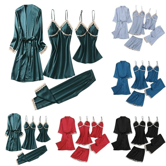 Elainilye Fashion Womens PJs Sleepwear Long Pants and Tops Pajamas Five Piece Set Homewear Sleepwear Pajama Set,Blue