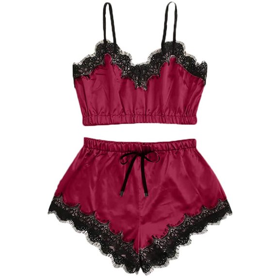 Elainilye Fashion Womens Pajama Set Tops Shorts Lace Bowknot Nightdress Camisole Pajamas Underwear Set Nightwear,Red