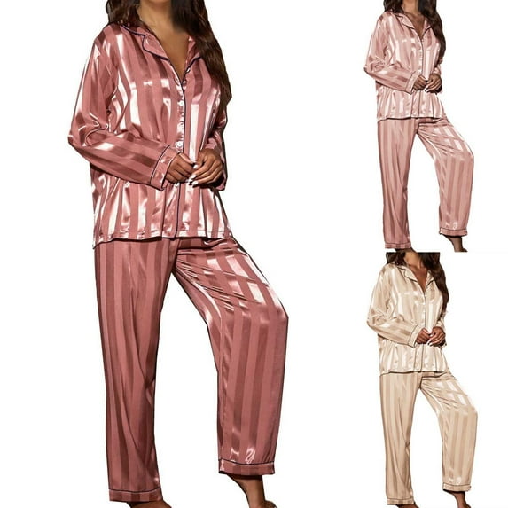Elainilye Fashion Womens Pajama Sets Fall Casual Comfortable Button Long Sleeve Tops Elastic Waist Pants 2 Piece Pajamas,Pink