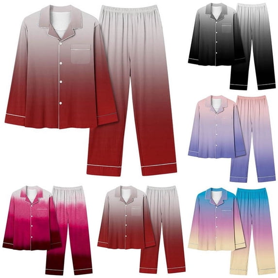 Elainilye Fashion Womens Pajama Sets Gradient Print Casual Long Sleeve Shirt and Full Length Pants Pajamas Suit,Pink