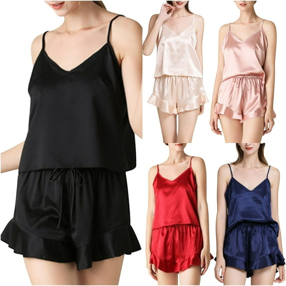 Elainilye Fashion Womens Pajama Sets Imitation Silk Pajamas Silk V-neck Suspender Shorts Two-piece Solid Color Pajamas Homewear,Pink