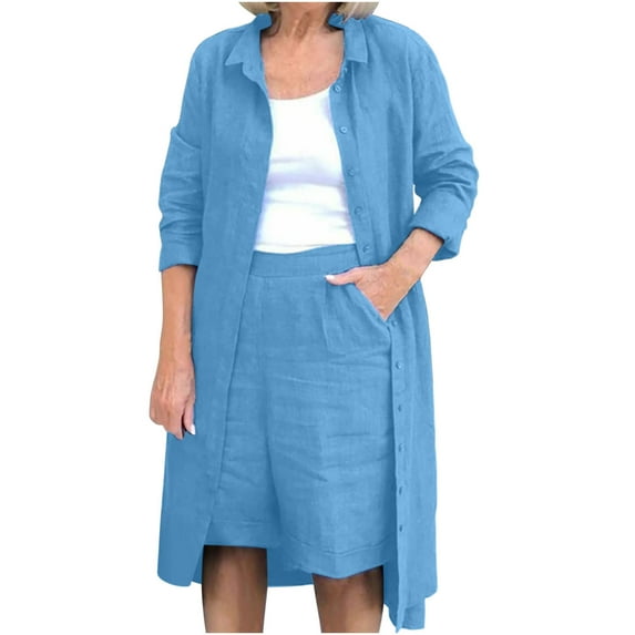Elainilye Fashion Womens Pajama Sets Solid Long Sleeve Shirt And Sleeveless Camisole Tops And Shorts Pants Set Three Piece Set,Blue