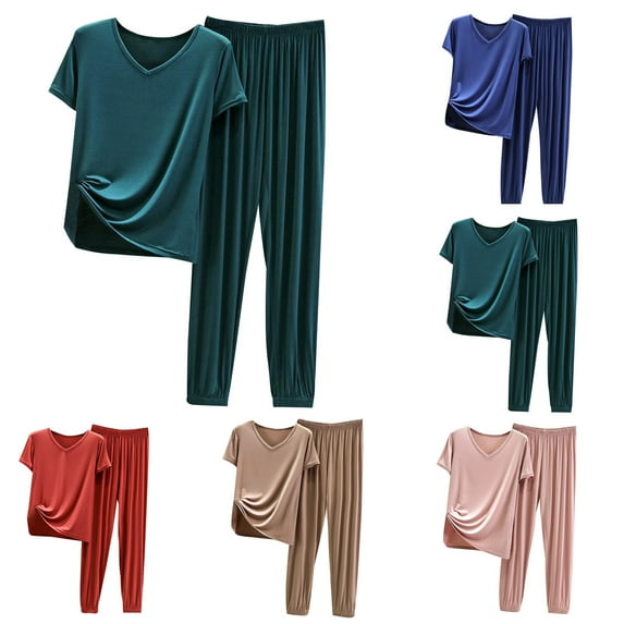 Elainilye Fashion Womens Pajama Sets Summer Casual Two Piece Set Pajamas Solid Color Short Sleeved Tops Pants Set Oversized Homewear,Blue