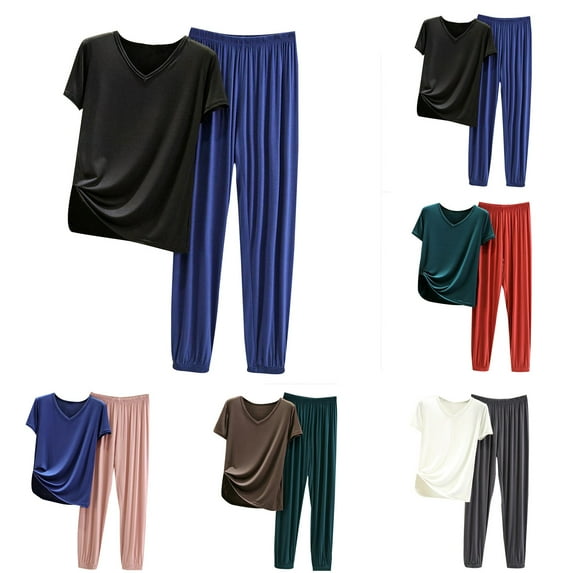 Elainilye Fashion Womens Pajama Sets Summer Casual Two Piece Set Pajamas Solid Color Short Sleeved Tops Pants Set Oversized Homewear,Green