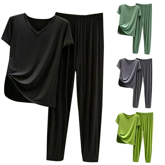 Elainilye Fashion Womens Pajama Sets Summer Casual Two Piece Set Pajamas Solid Color Short Sleeved Tops Pants Set Oversized Homewear,Green