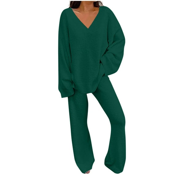 Elainilye Fashion Womens Pajama Sets Two Piece Outfits Long Sleeve Solid Color Tops With High Waist Pants Baggy Warm Pajama Sets,Green