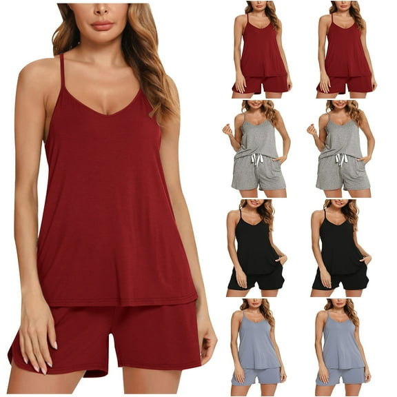 Elainilye Fashion Womens Pajama Sets Two-piece Pajamas Soft Casual Solid Camisole and Shorts Suit Nightwear,Gray