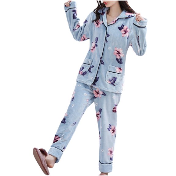 Elainilye Fashion Womens Pajama Sets Winter Coral Fleece Loungewear Suit Print Pajamas Cute Homewear Sleepwear,Blue