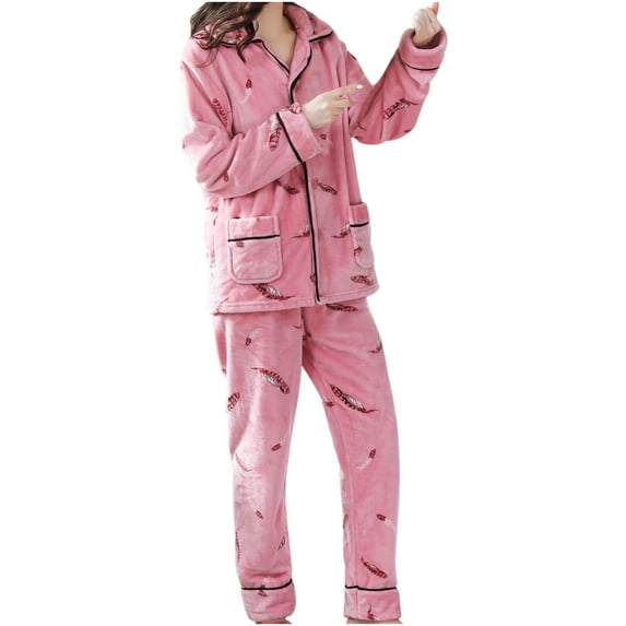 Elainilye Fashion Womens Pajama Sets Winter Coral Fleece Loungewear Suit Print Pajamas Cute Homewear Sleepwear,Pink