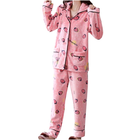 Elainilye Fashion Womens Pajama Sets Winter Coral Fleece Loungewear Suit Print Pajamas Cute Homewear Sleepwear,Pink