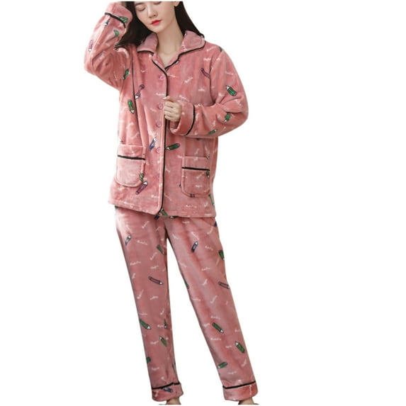 Elainilye Fashion Womens Pajama Sets Winter Coral Fleece Loungewear Suit Print Pajamas Cute Homewear Sleepwear,Pink