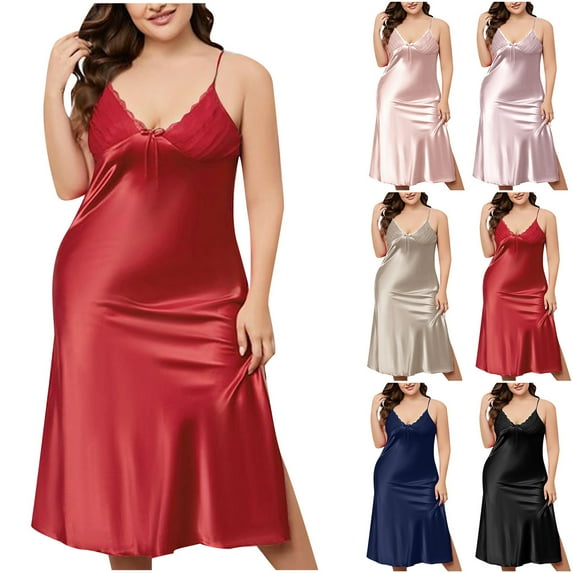 Elainilye Fashion Womens Pajamas Chemise Casual Sleeveless V Neck Dress Homewear Slip Short Sleeshirts Nighties Sleepwear,Red