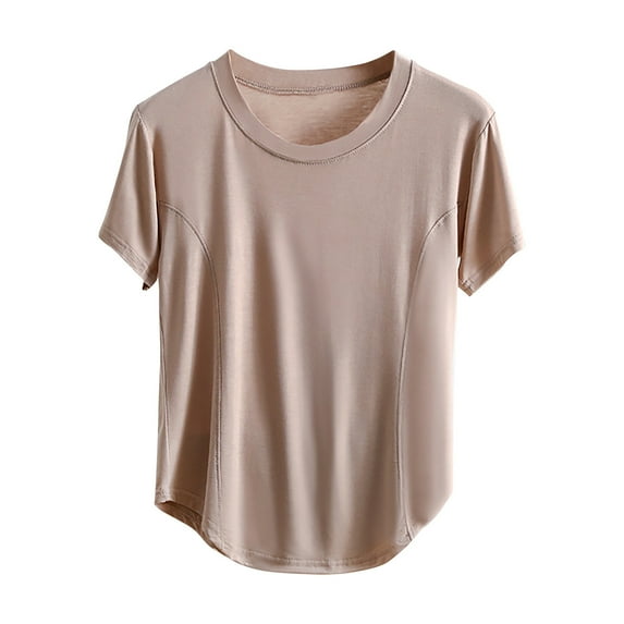 Elainilye Fashion Womens Pajamas Tops Plain Casual Round-Neck Regular Short Sleeve Sleepwear Tops Loungewear Pjs,Brown