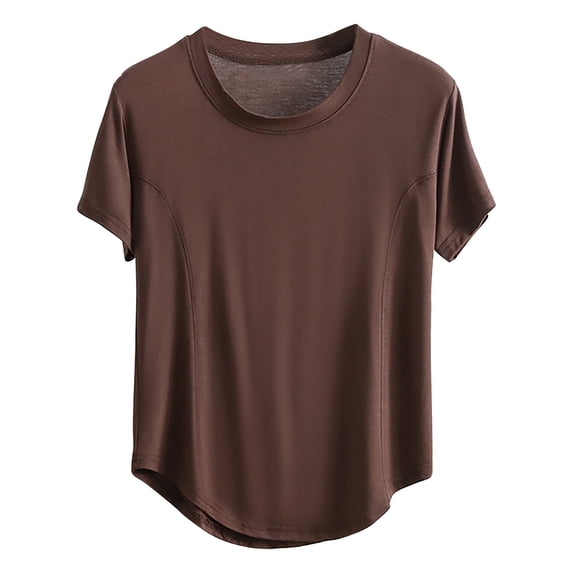 Elainilye Fashion Womens Pajamas Tops Plain Casual Round-Neck Regular Short Sleeve Sleepwear Tops Loungewear Pjs,Brown