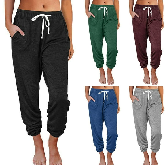 Elainilye Fashion Womens Pants Casual Solid Color Comfortable Baggy Cropped Trouser Sweatpants Jogger Pants,Black