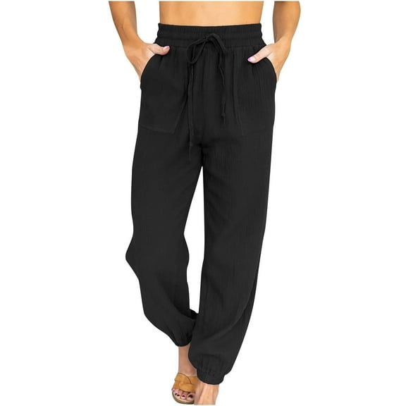 Elainilye Fashion Womens Pants High Waist Sweatpants Casual Solid Color Drawstring Loose Trousers Long Pants,Black