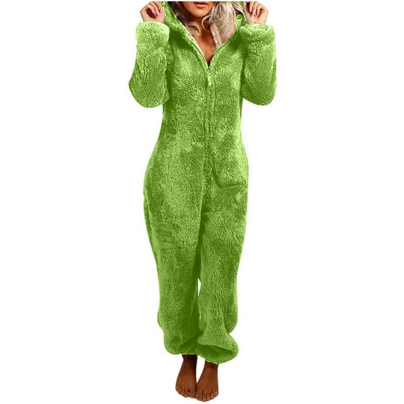 Elainilye Fashion Womens Pants Loungewear Long Sleeve Hooded Jumpsuit Pajamas Casual Winter Warm Rompe Sleepwear,Green