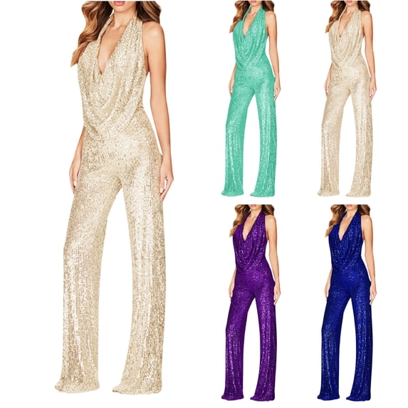Elainilye Fashion Womens Pants Sequin Solid Color Short-sleeved Casual Jumpsuit Trousers Baggy Pants,Beige