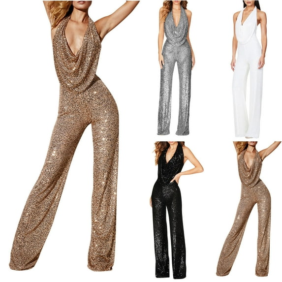 Elainilye Fashion Womens Pants Sequin Solid Color Short-sleeved Casual Jumpsuit Trousers Baggy Pants,Black