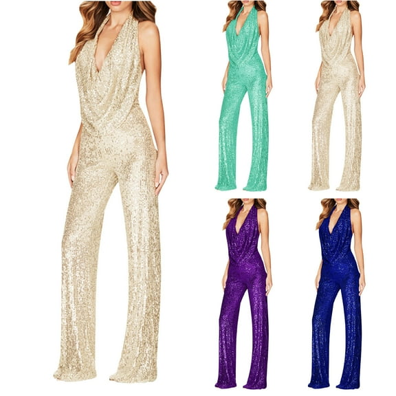 Elainilye Fashion Womens Pants Sequin Solid Color Short-sleeved Casual Jumpsuit Trousers Baggy Pants,Purple