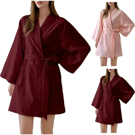 Elainilye Fashion Womens Robe Casual Homewear Long Sleeve V-Neck Nightgown Pajamas Robes Bathrobe Loungewear,Pink