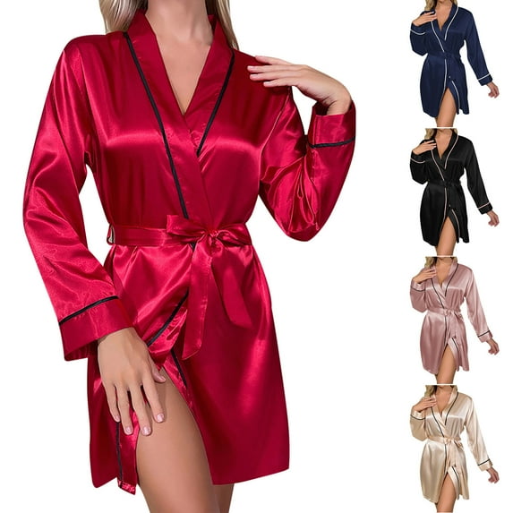 Elainilye Fashion Womens Robe Solid Color Strappy Bathrobe Homewear Ice Silk Pajamas Robes Nightgown,Brown