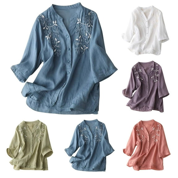 Elainilye Fashion Womens Shirt Casual Round-Neck Loose T-Shirt Cotton Linen Shirt Solid Color Blouse Tops,Blue