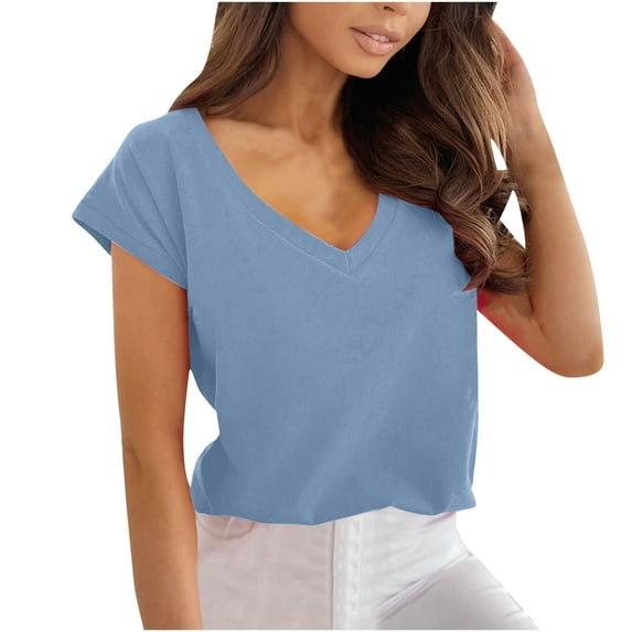Elainilye Fashion Womens Shirt Casual Solid Color Short Sleeve V-Neck T-Shirt Top Blouse Basic Tops,Blue
