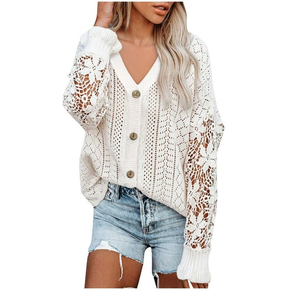 Elainilye Fashion Womens Shirts Casual Solid Color Versatile Cardigan Sweater Loose Comfortable Hollow Out Lace Long Sleeved Top V-neck Sweater Top