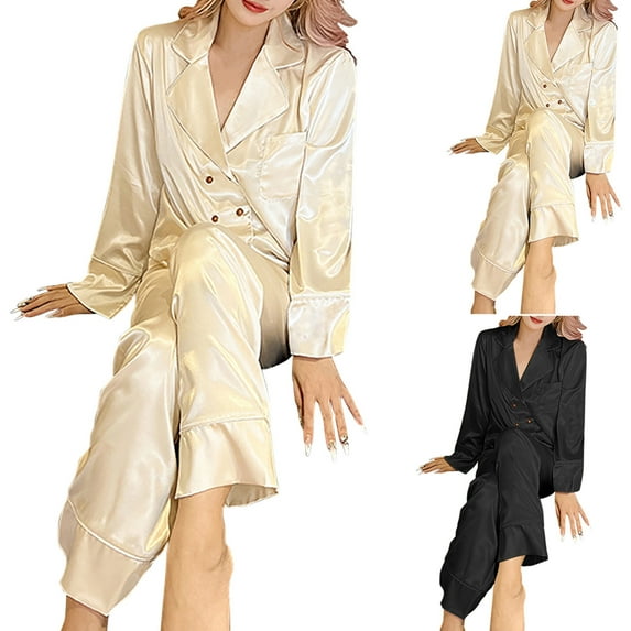 Elainilye Fashion Womens Silk Pajamas Set Home Wear Pajamas Two Piece Outfits Long Sleeve Pants Pajama Set Loungewear,Black