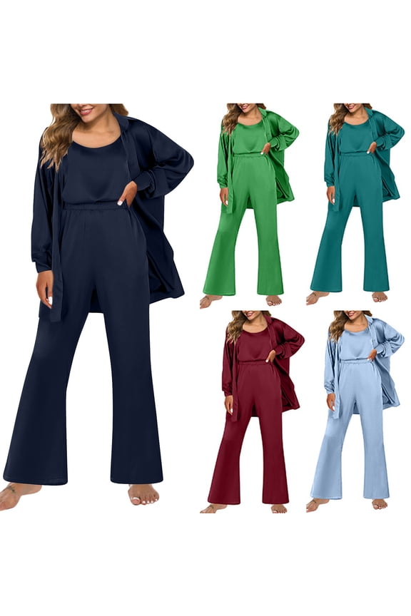 Fashion Womens Silk Pajamas Set Satin Camisole Loungewear Set Button Cardigan with Loose Pants 3 Piece Pajamas Set,Red