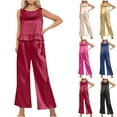 thumbnail image 1 of Elainilye Fashion Womens Silk Pajamas Set Sleeveless Tank Crop Top and Wide Leg Pants Set Silk Satin Pajama 2 Piece Outfits,Beige, 1 of 6