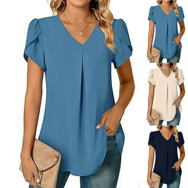 Elainilye Fashion Womens Summer Tops Casual Short Sleeve Tops V-Neck T-Shirt Cute Solid Summer Loose Blouses Tops,Blue