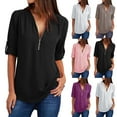 thumbnail image 1 of Elainilye Fashion Womens Summer Tops Plus Size Casual Long Sleeve Zip Casual Tunic V-Neck Rollable Blouse Tops,Purple, 1 of 8