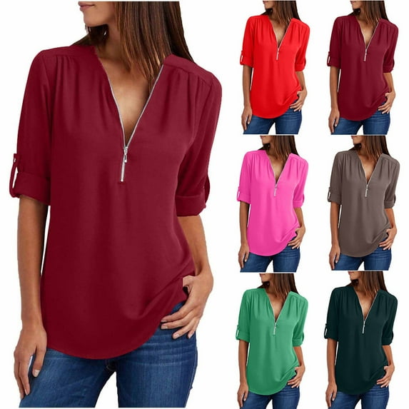 Elainilye Fashion Womens Summer Tops Plus Size Casual Long Sleeve Zip Casual Tunic V-Neck Rollable Blouse Tops,Red
