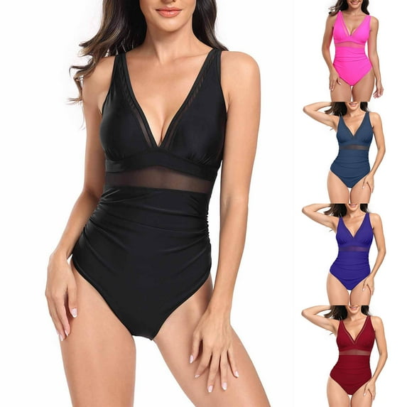 Elainilye Fashion Womens Swimsuits One Piece Bathing Suit Solid Color Sexy V Neck Bikini Netting Swimsuit Jumpsuit,Red