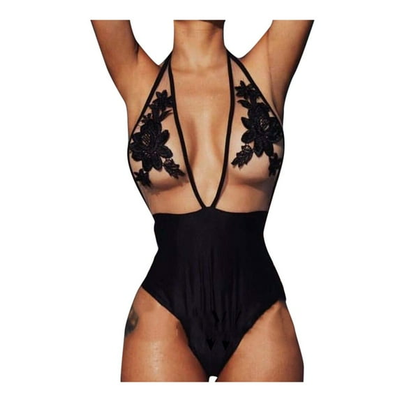 Elainilye Fashion Womens Swimsuits Sexys One-Piece Bikini Rose Embroidery Patchwork Mesh Swimwear Beachwear,Black