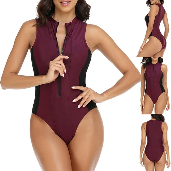 Elainilye Fashion Womens Swimsuits Sleeveless Diving Suit Siamese Sexy Summer Beach Surfing One-Piece Zipper Swimwear,Red