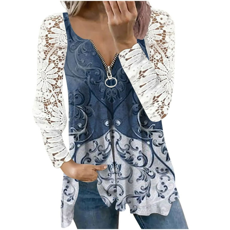 Elainilye Fashion Womens Tees Zipper Neck Printed Blouse Comfortable Lace  Long Sleeve T-Shirt Tops 