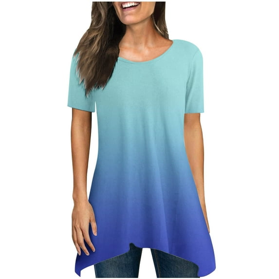 Elainilye Fashion Womens Top Summer Loose Print Round-Neck T-Shirt Short Sleeve Casual Blouse,Blue