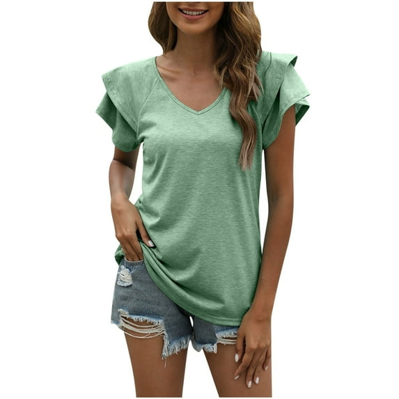Elainilye Fashion Womens Top V-Neck Solid Color Short Sleeve Lapel Tops Shirts Blouse Pullover Top,Green