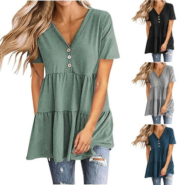 Elainilye Fashion Womens Tops Casual T-shirt Solid V-Neck Split Pullover Top Blouse Short Sleeve Tops,Green
