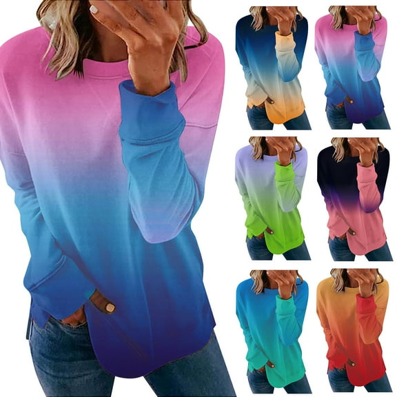 Elainilye Fashion Womens Tops Gradient Print Loose T-shirt Long Sleeves Blouse Round Neck Casual Tops Sweatshirt Hoodies,Green
