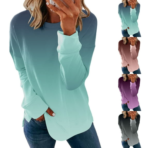 Elainilye Fashion Womens Tops Gradient Print Loose T-shirt Long Sleeves Blouse Round Neck Casual Tops Sweatshirt Hoodies,Purple