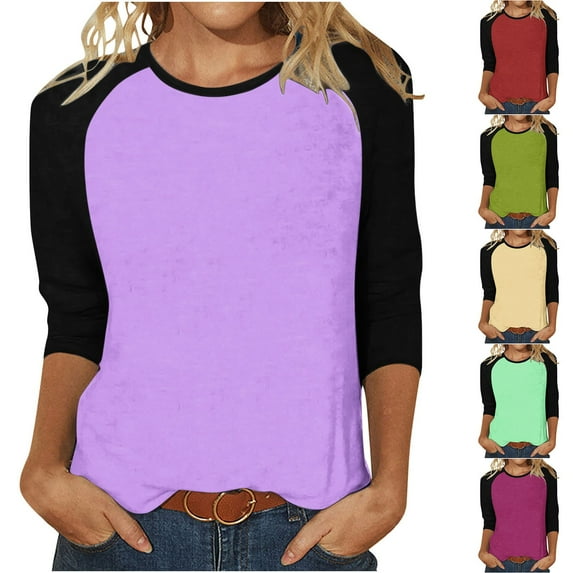 Elainilye Fashion Womens Tops Patchwork Color Block Print Loose T-shirt 3/4 Sleeves Blouse Round Neck Casual Tops,Pink