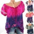 thumbnail image 1 of Elainilye Fashion Womens Tops Plus Size Short Sleeve V-Neck Lace Printed Lace Tops Loose T-Shirt Blouse Tops,Pink, 1 of 9