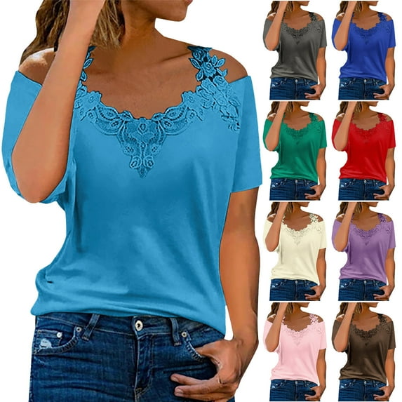 Elainilye Fashion Womens Tshirts Plus Size Summer V-Neck Casual Lace Patchwork Solid Caims Blouse Top,Brown