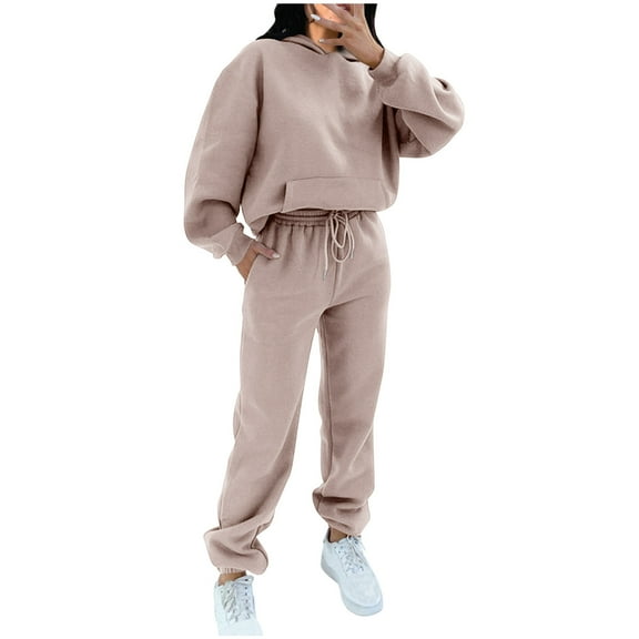 Elainilye Fashion Womens Two Piece Outfits Sweatsuit Pocket Round-Neck Casual Long Sleeve Sweatshirt and Pant Sports Set,Beige